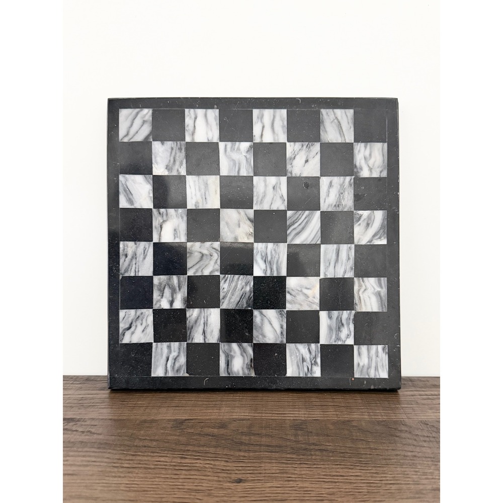 Black White Marble Stone Chess Checkerboard Vanity Tray Hollywood Regency MCM